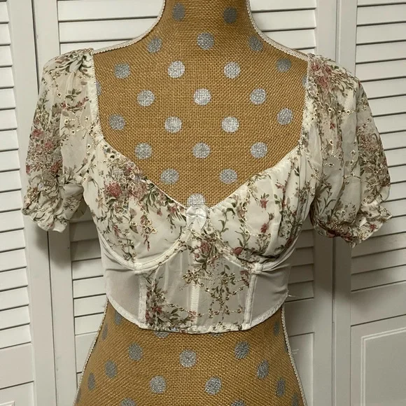 Vintage bracelet embroidered Y2K top bubble sleeves size small - Picture 2 of 7